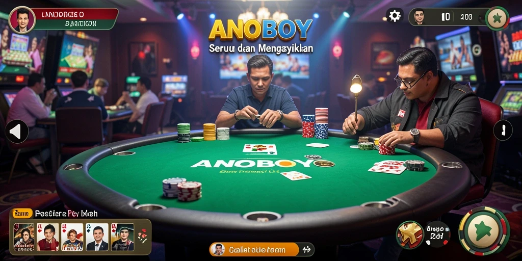 Screenshot gameplay ANOBOY menampilkan aksi seru di meja Poker.